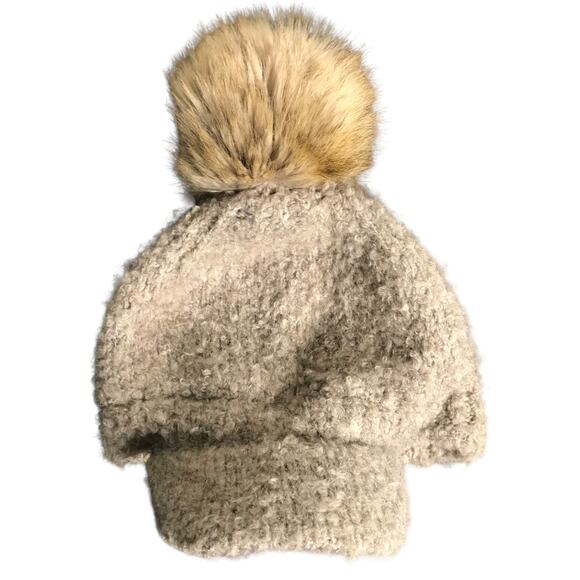 Anthropology Pilcro Hat Wmns OS Grayish Brown Wool Stretch Faux Fur Pom Pom‎ Cap - Picture 3 of 7